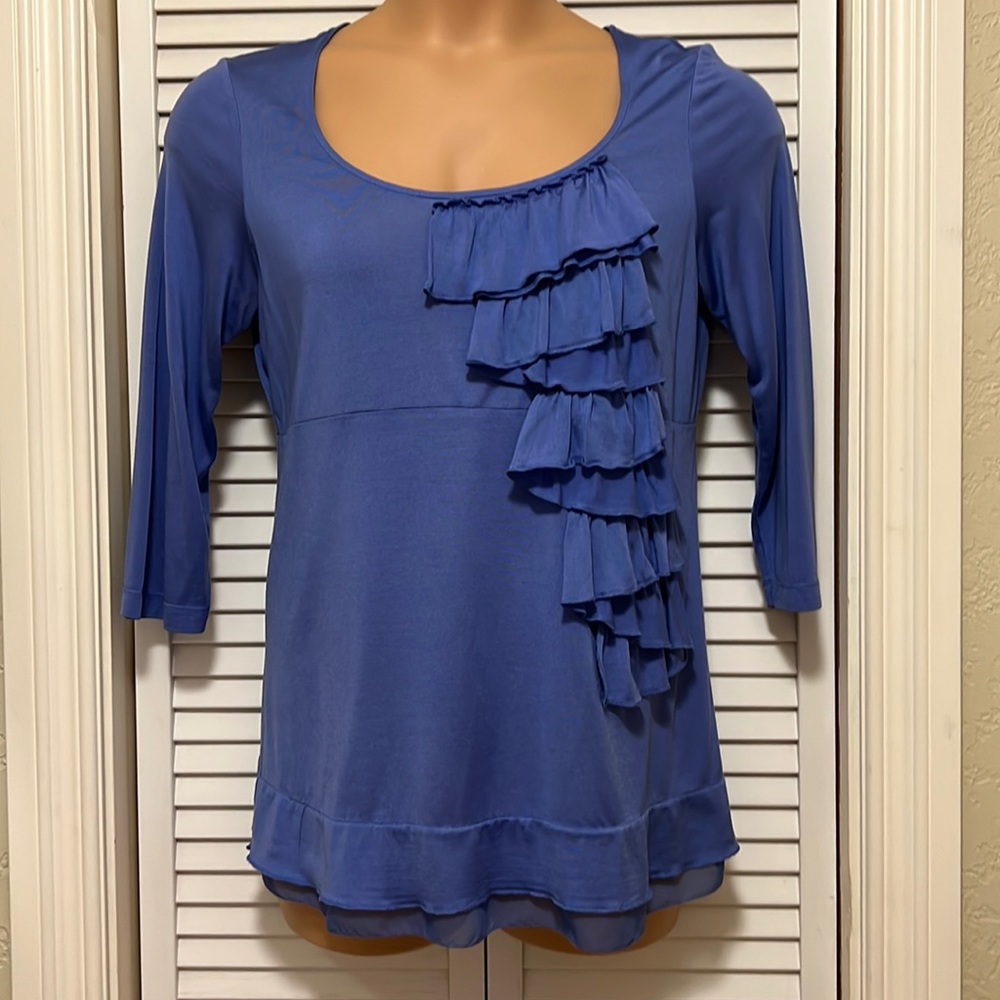 Chicos Travelers Womens Knit Top with Ruffles 3/4 Length Sleeve Size 0